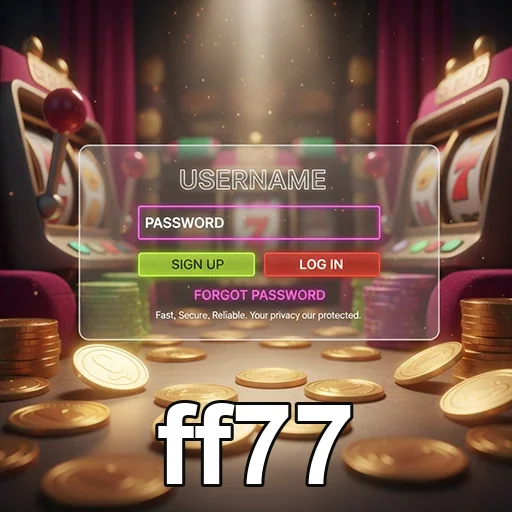 Tela de login do cassino online ff77 com slots ao fundo.