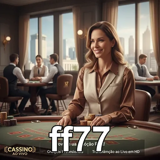 Imagem do cassino ao vivo do site ff77 com jogadora e dealers.