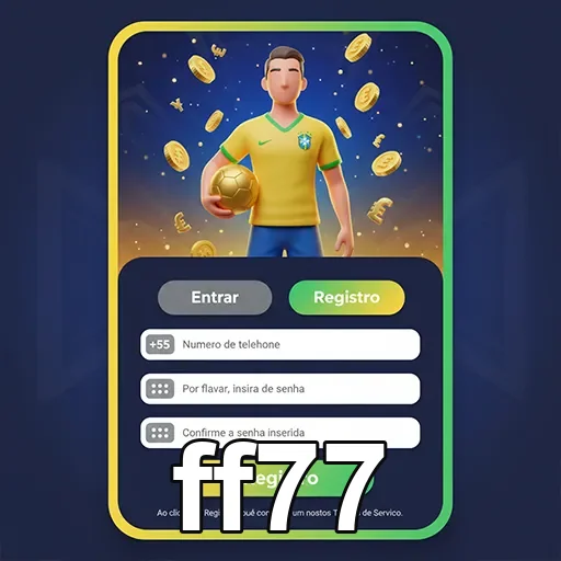 Tela de registro do aplicativo ff77 com um jogador segurando uma bola.
