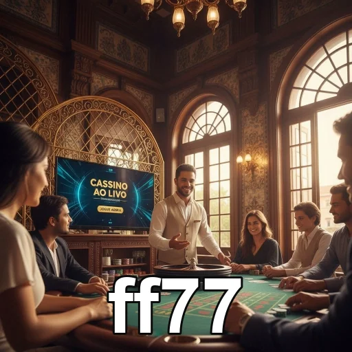 Interior do cassino ao vivo da ff77 com jogadores e dealer.