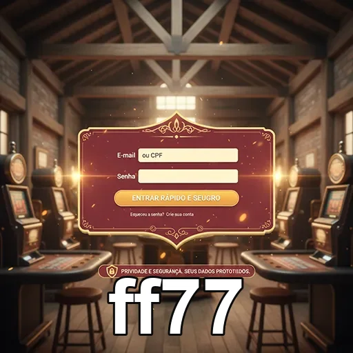 Tela de login do ff77 com máquinas de slot games ao fundo.