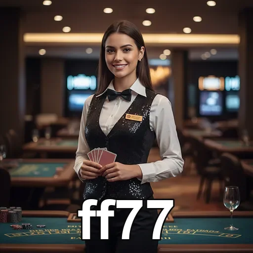 Dealer sorridente em cassino do ff77 com cartas na mão.