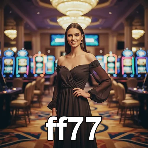 Mulher elegante em cassino perto de máquinas de slot, ff77.