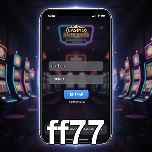 Tela de login do app de slots do ff77 com caça-níqueis ao fundo.