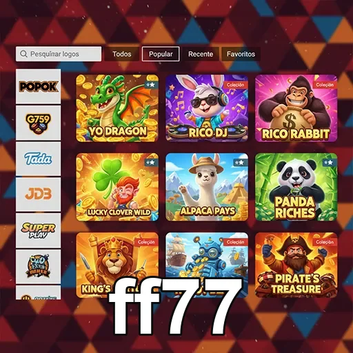 Tela do aplicativo ff77 com jogos de slot destacados.