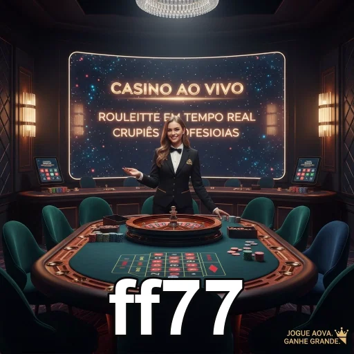 Crupiê no cassino ao vivo da ff77 com mesas de roleta.