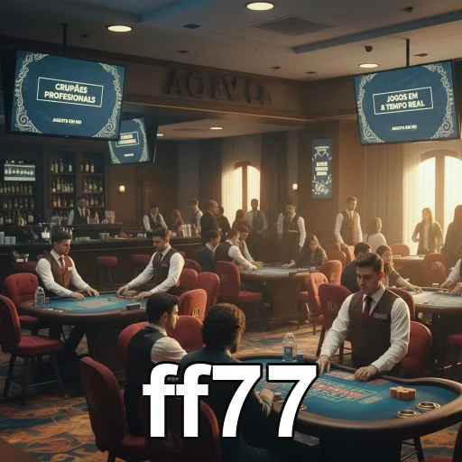 Mesa de jogos da ff77 com crupiês profissionais presentes.
