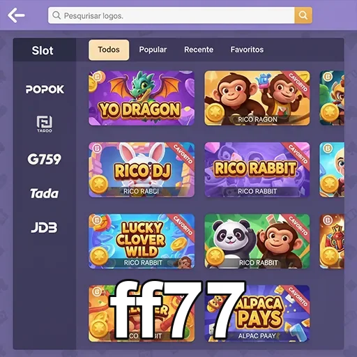 Interface da ff77 mostrando jogos e slots disponíveis.