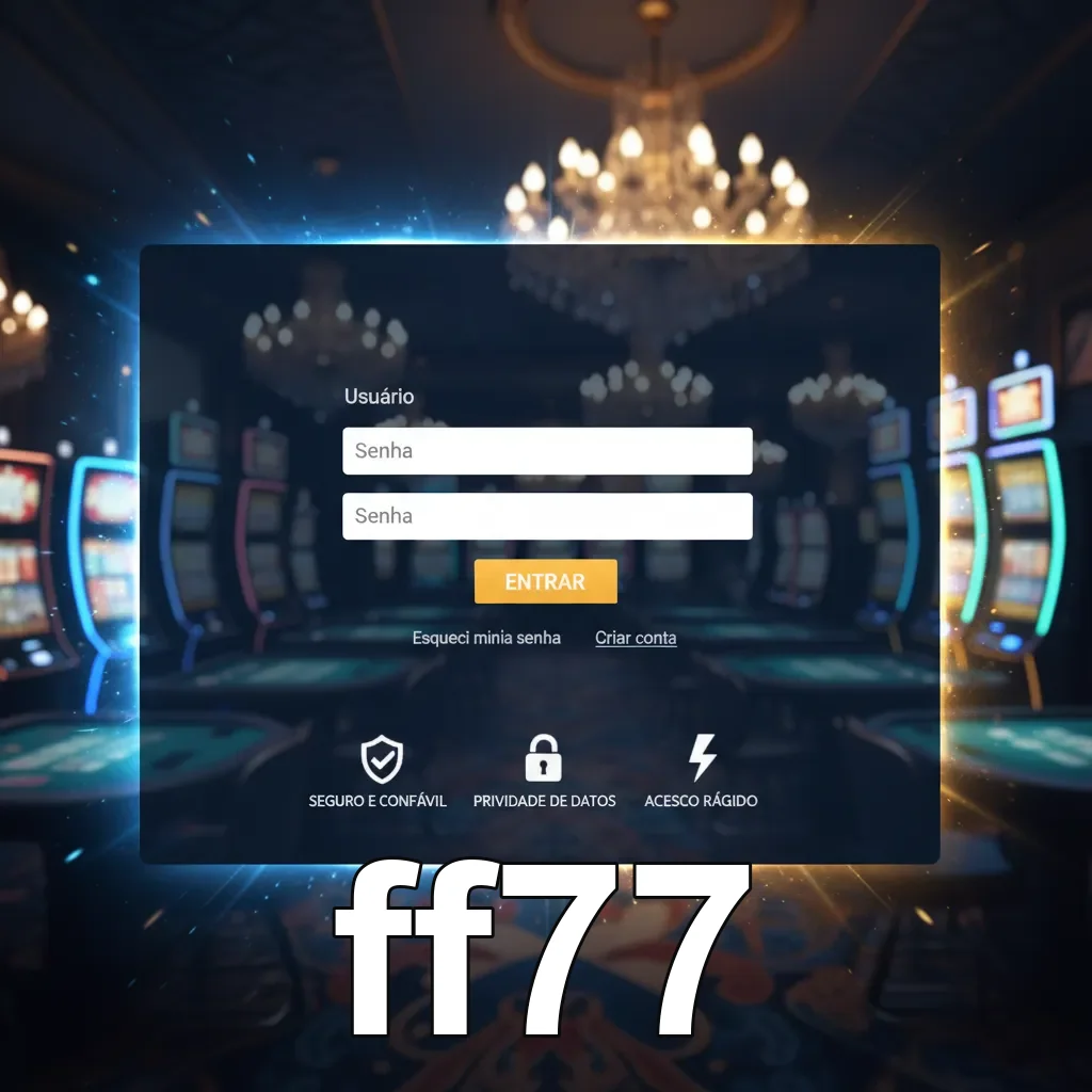 Tela de login do site ff77 com máquinas de slots ao fundo.