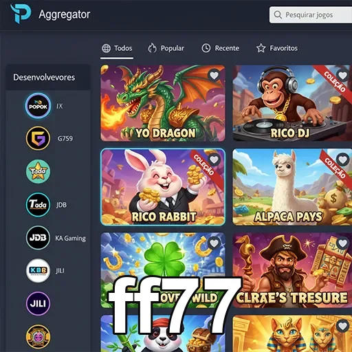 Interface do aplicativo ff77 com jogos populares visíveis.