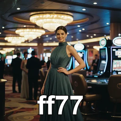 Jogadora VIP em um cassino elegante, promovendo ff77.